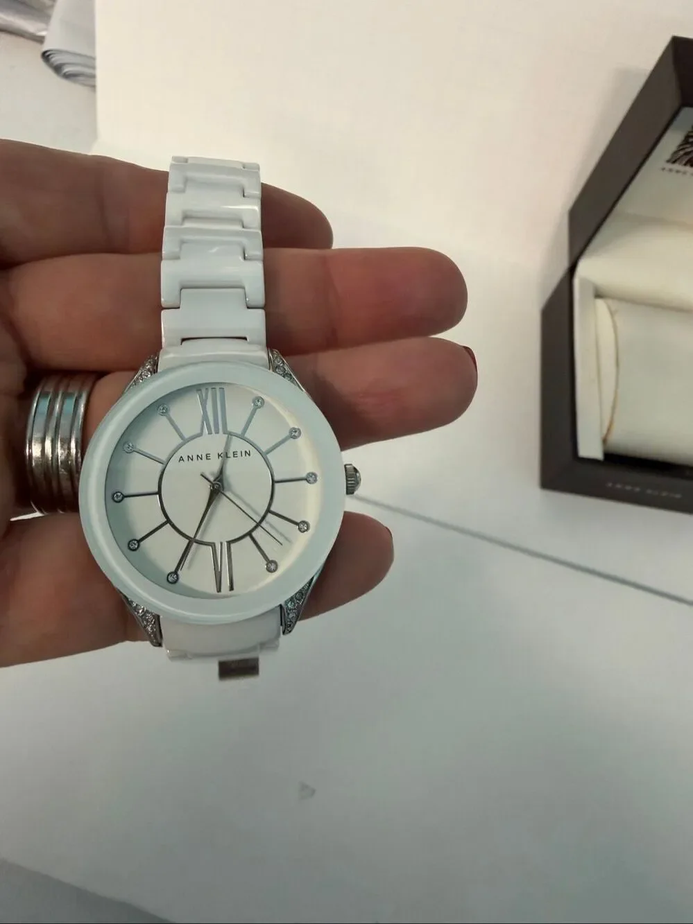 Anne Klein White Ceramic Crystal Watch and box AK-1673WTSV